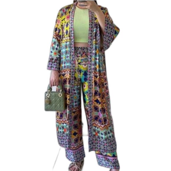 Zara Satin Effect Colorful Boho Floral Belted LS Kimono Duster Robe Size S - Picture 2 of 16